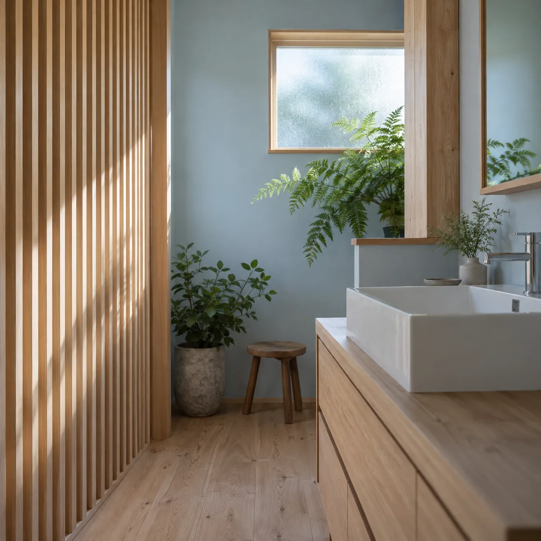 木の壁と洗面設備のある住まいのイメージ(AI生成イメージ)