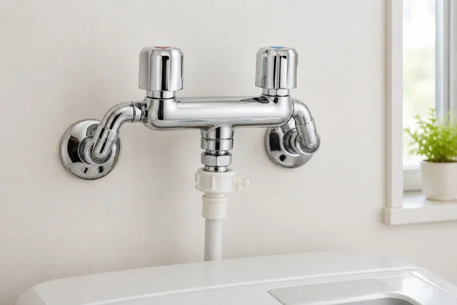 給水と給湯の2本の配管につながる洗濯機用混合水栓のイメージ