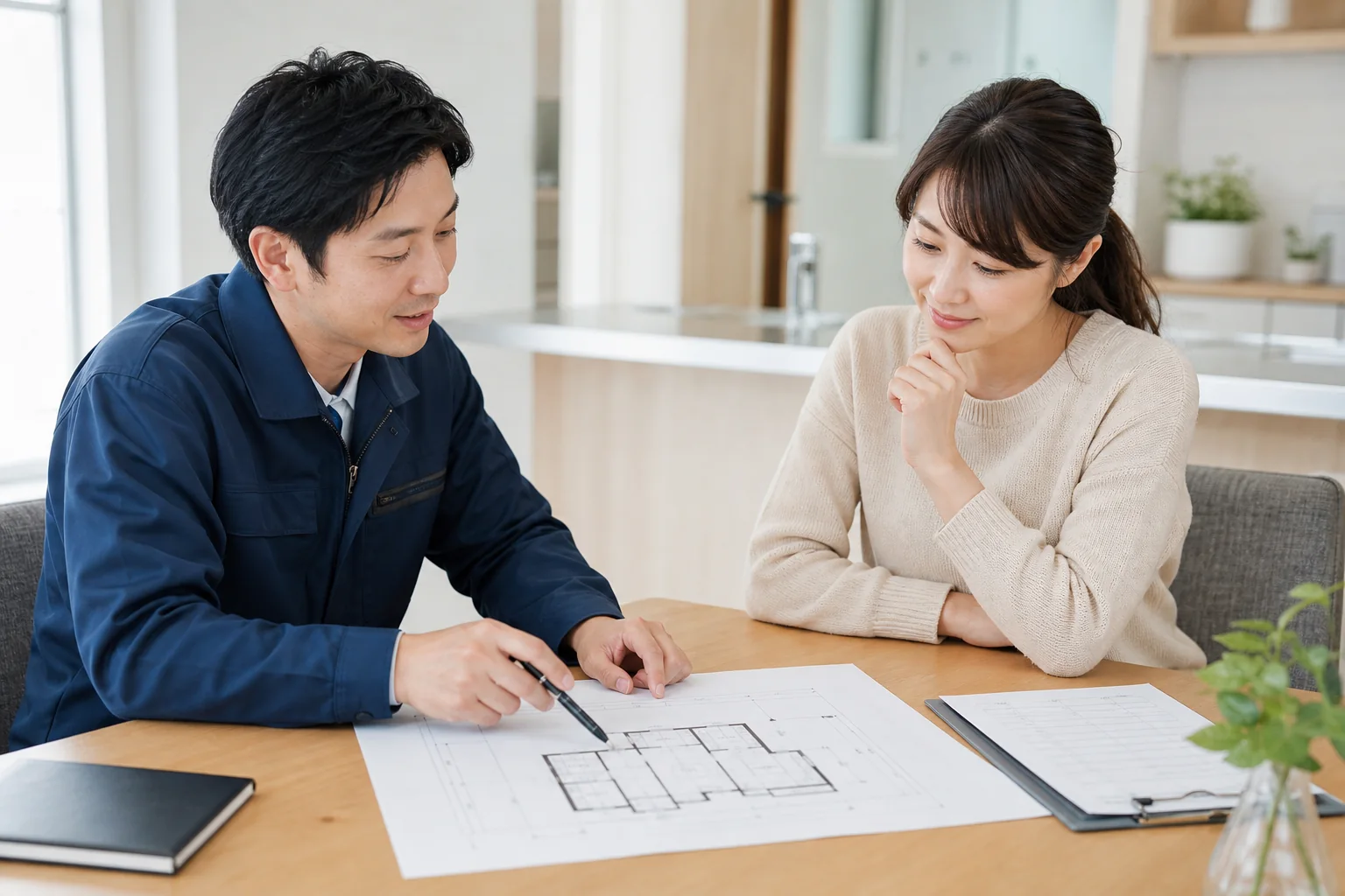 住宅設備の計画工事について図面を確認する技術者と利用者