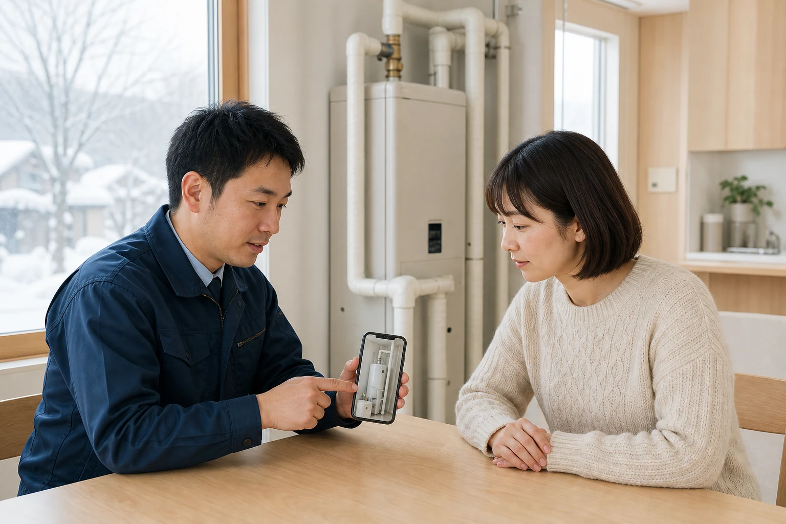 屋内給湯設備の写真を見ながら相談内容を整理する利用者と技術者
