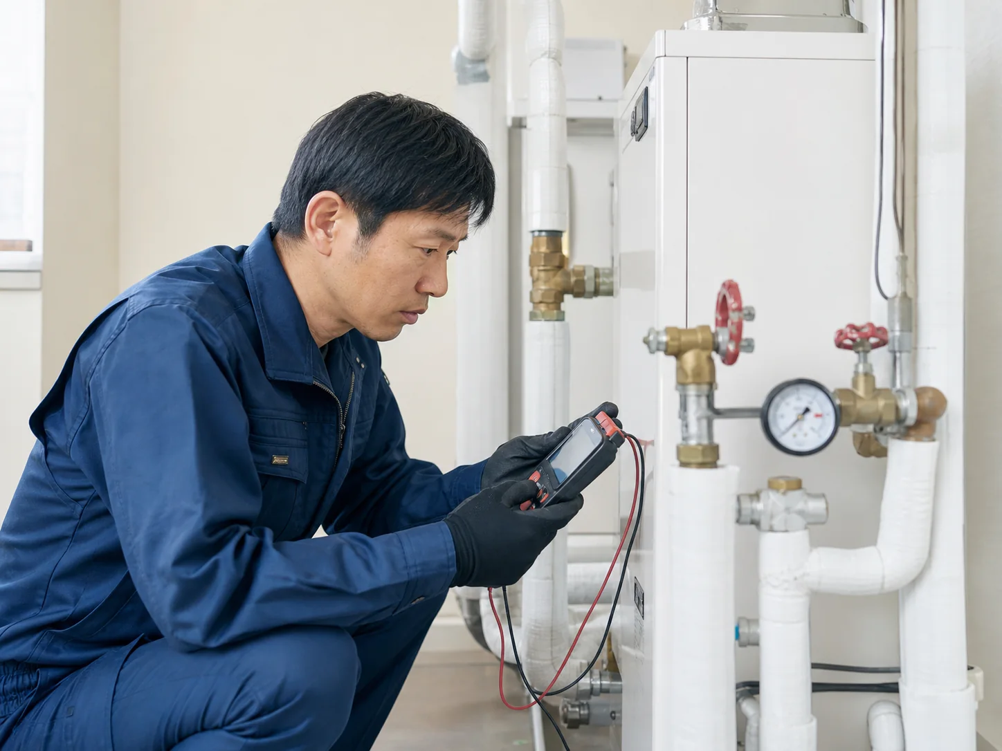屋内給湯設備を計測器で確認する工程イメージ
