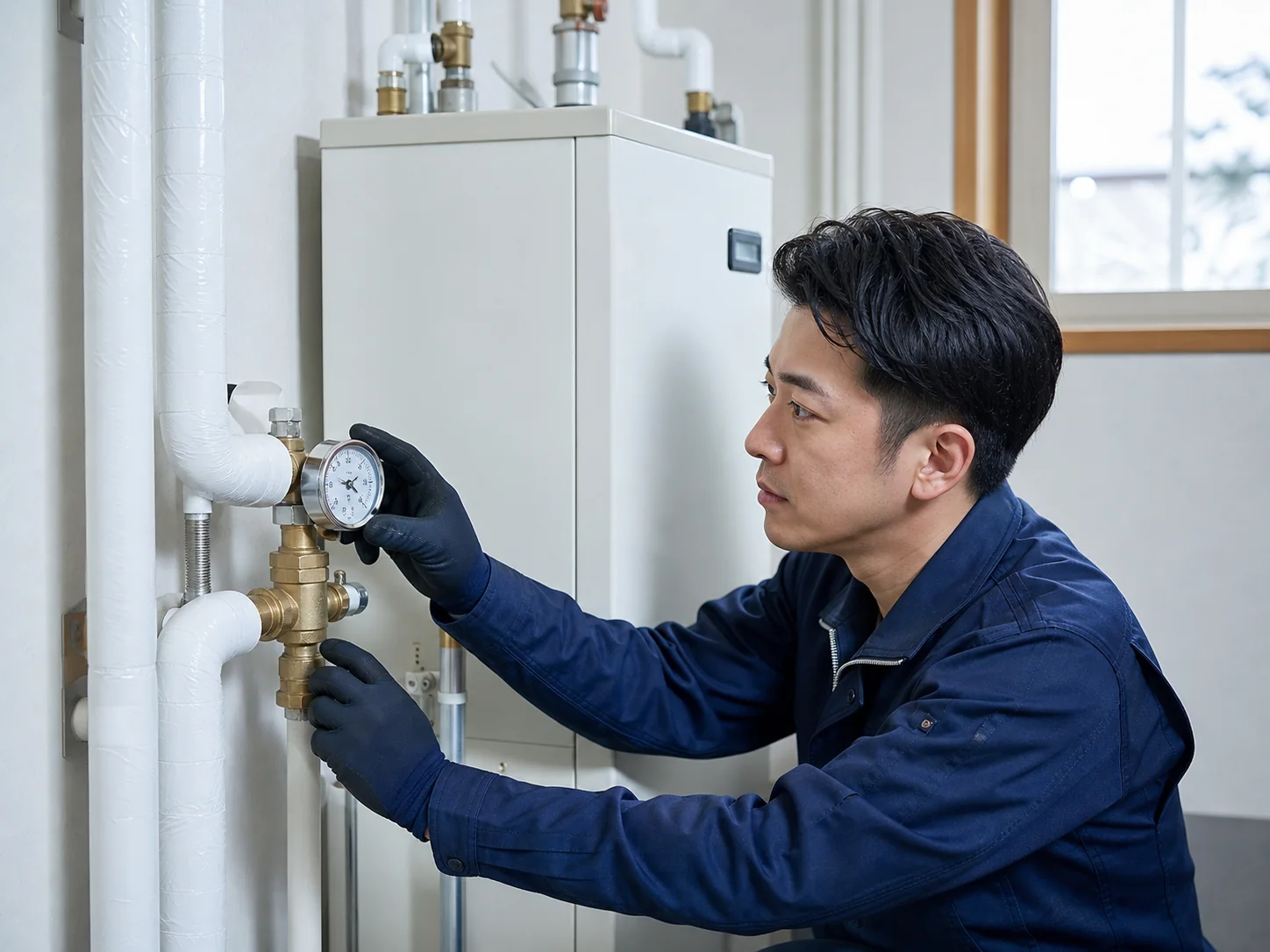 修理後に圧力計と配管接続部を確認する工程イメージ