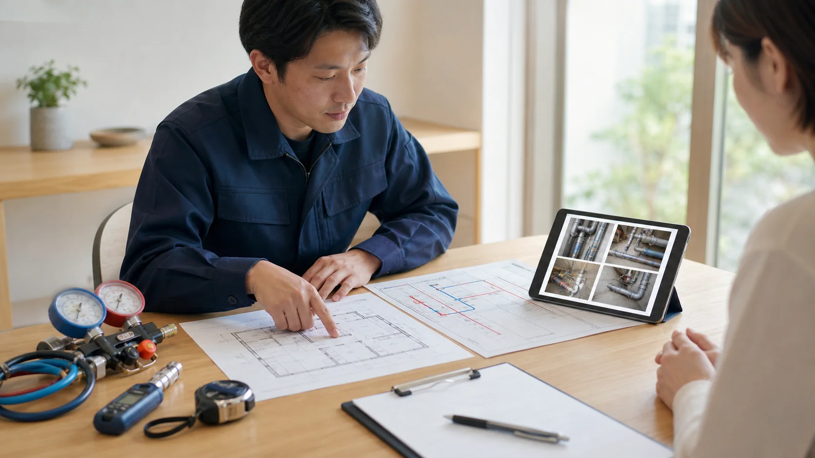 図面と点検記録を使って施工範囲を説明する技術者