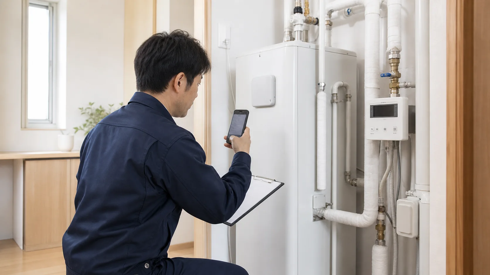 屋内給湯設備の状態をスマートフォンと記録表で確認する技術者