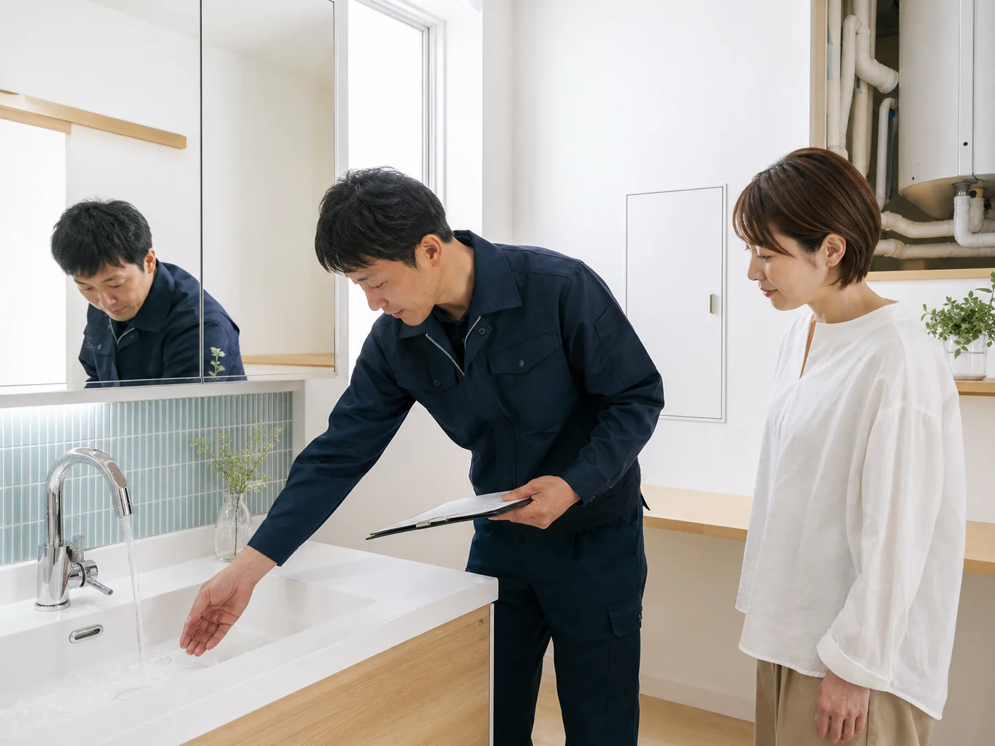 技術者と利用者が洗面水栓の通水と完了状態を確認する様子