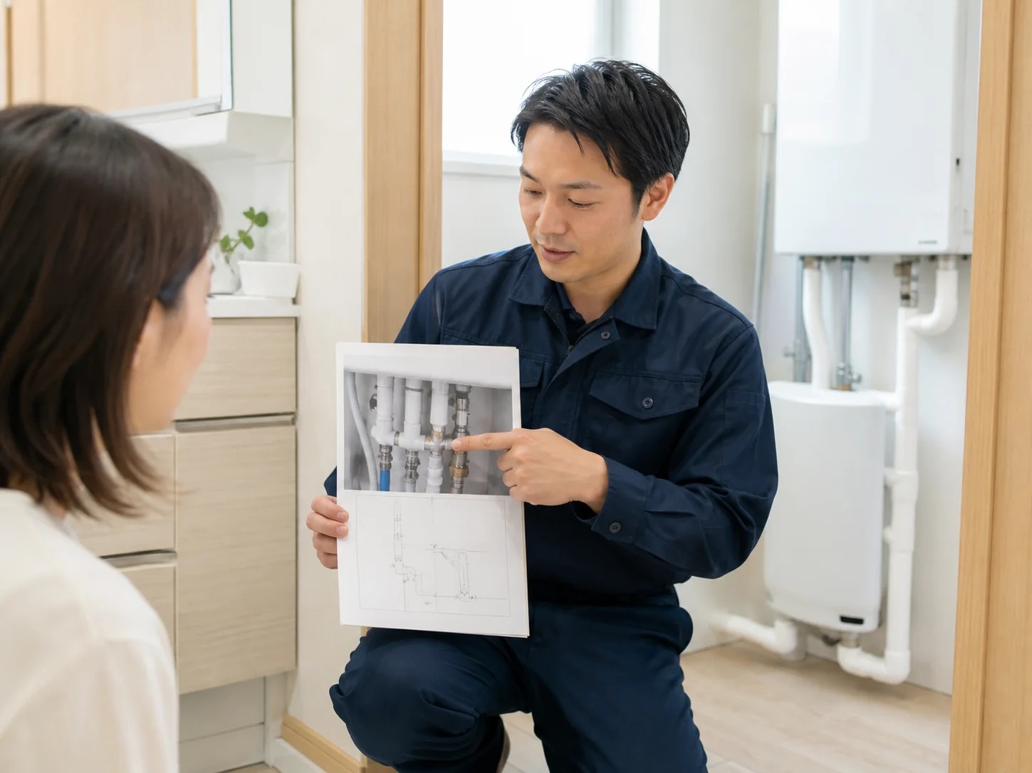 写真と配管図を使って追加工事の範囲を説明する技術者