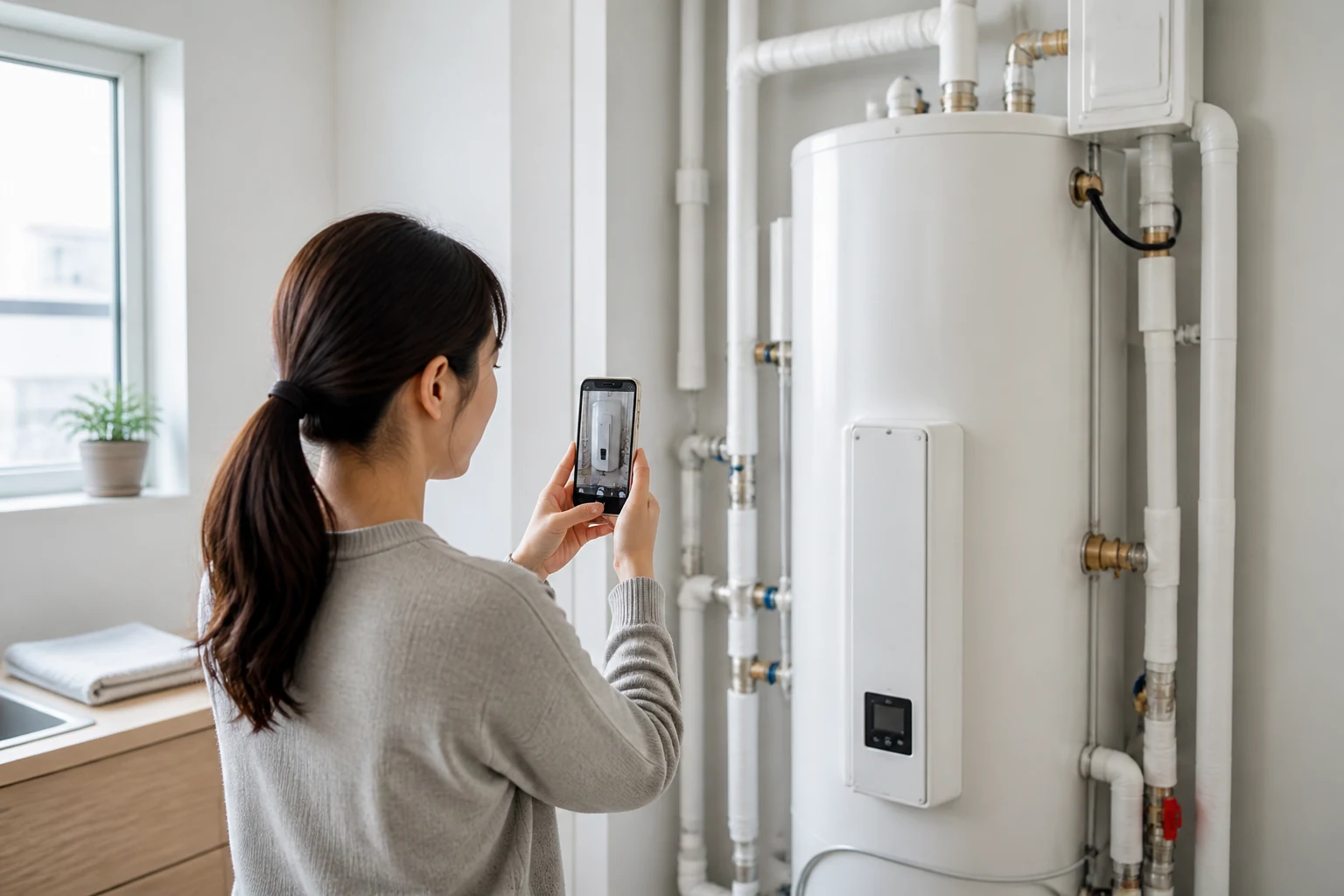 屋内給湯設備と配管をスマートフォンで撮影する利用者