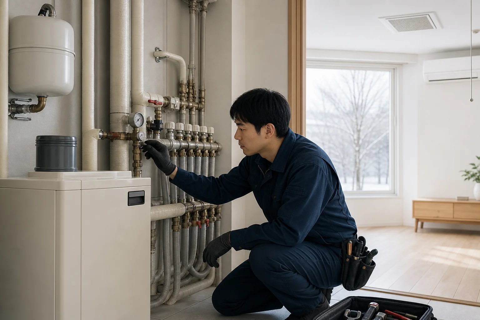 屋内の暖房配管と空調設備を点検する技術者
