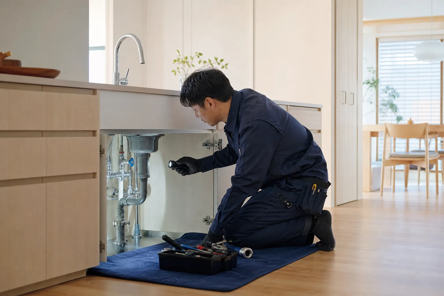 キッチンのシンク下で給排水管を点検する技術者