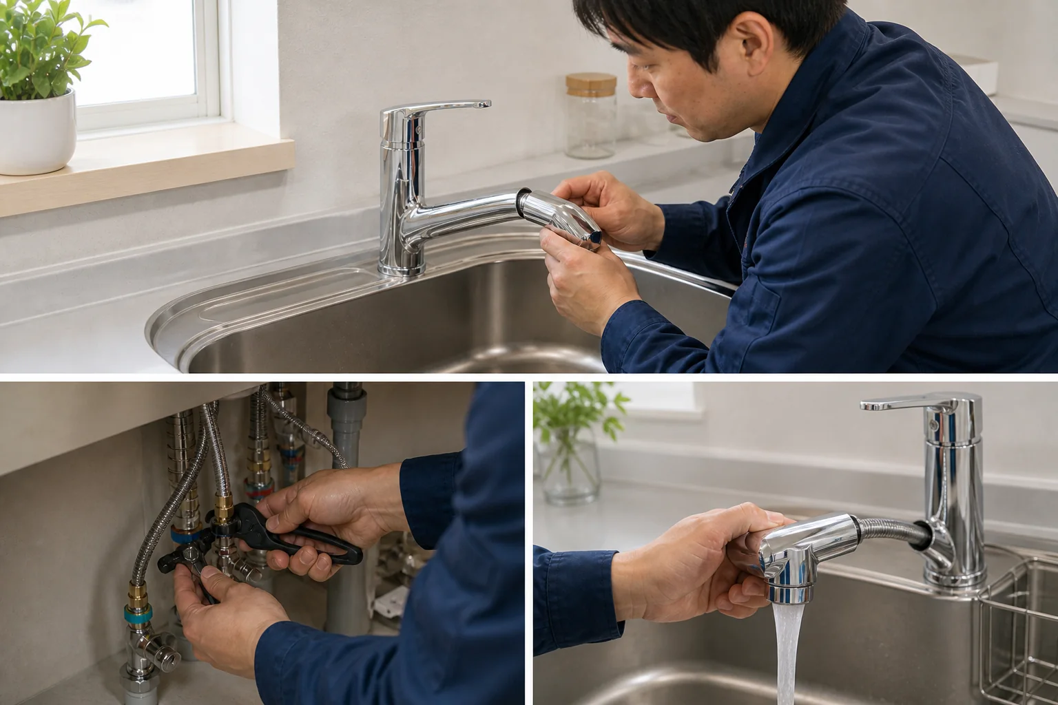 シャワーホース付きキッチン混合栓の点検、接続、通水確認をまとめた施工記録