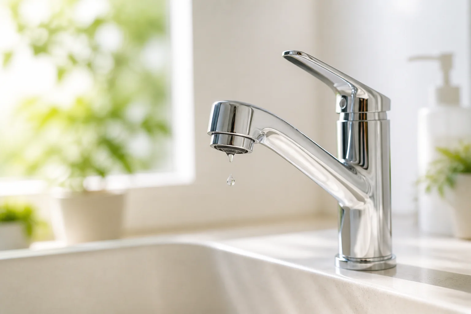 吐水口に小さな水滴が見えるシングルレバー混合水栓