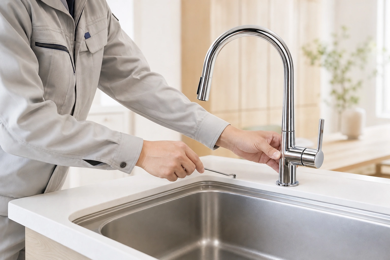 キッチン水栓を丁寧に取り付ける施工スタッフの手元