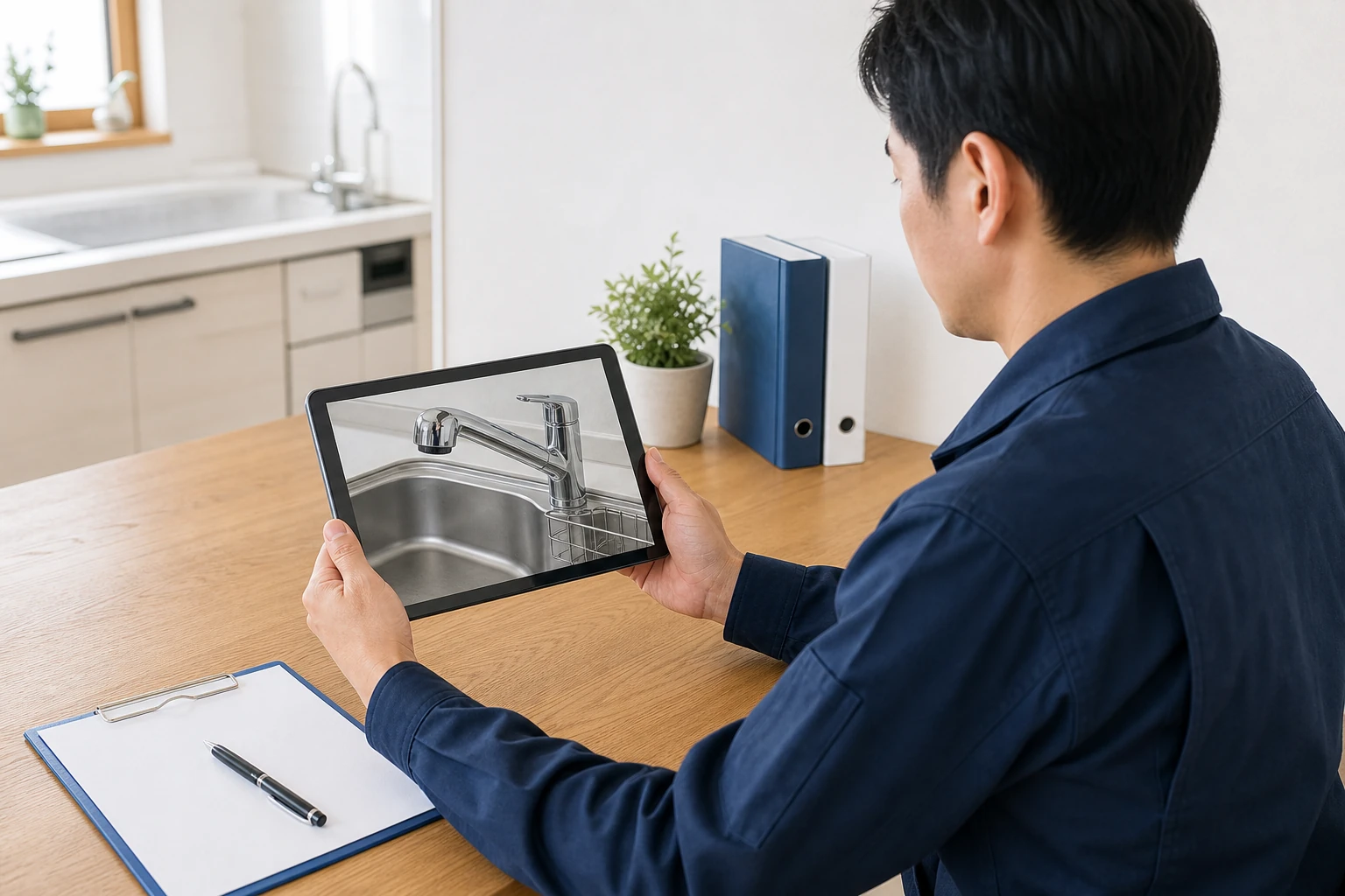 担当者がタブレットでキッチン水栓の写真を確認する様子