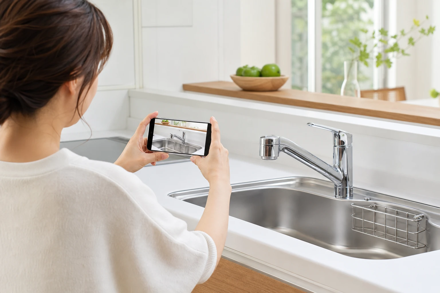 利用者が交換後のキッチン水栓をスマートフォンで撮影する様子