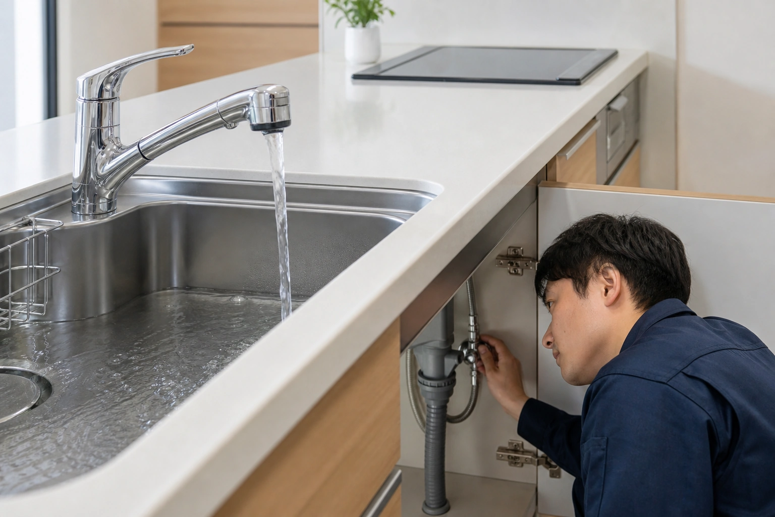 修理後に通水しシンク下の漏れを確認するスタッフ