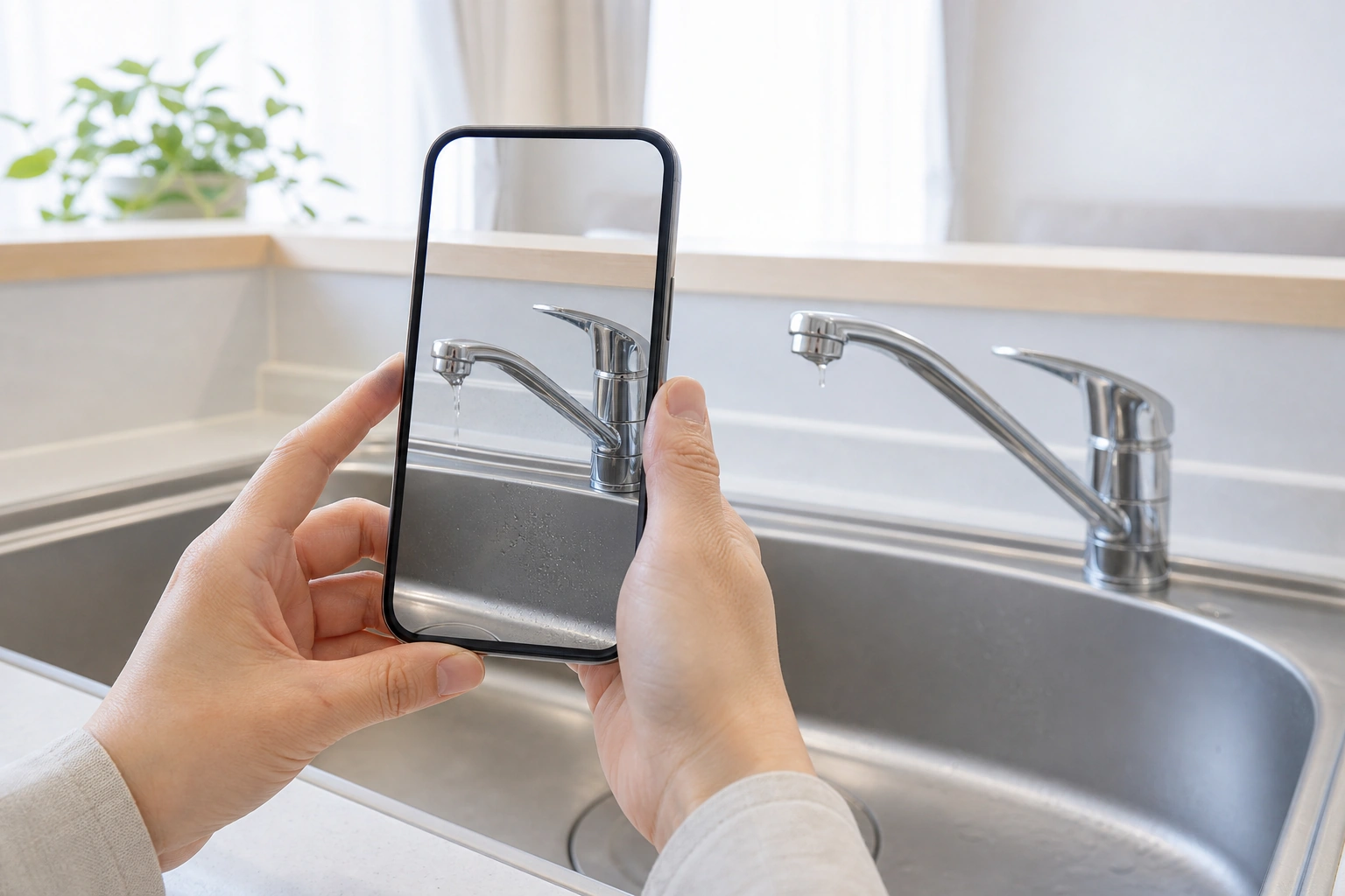スマートフォンで水漏れしている蛇口の写真を撮る様子