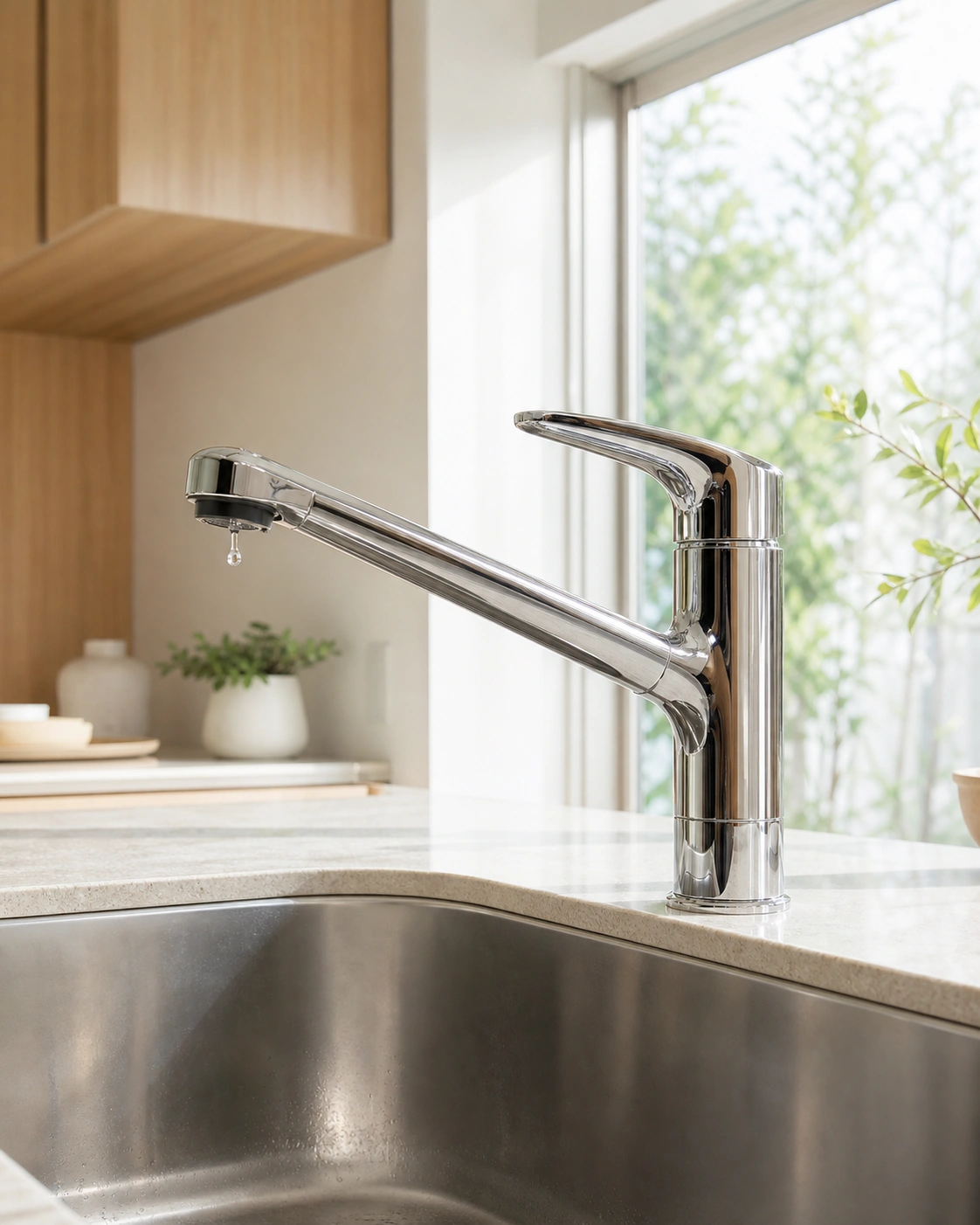 自然光の入るキッチンで吐水口から小さな水滴が落ちる混合水栓