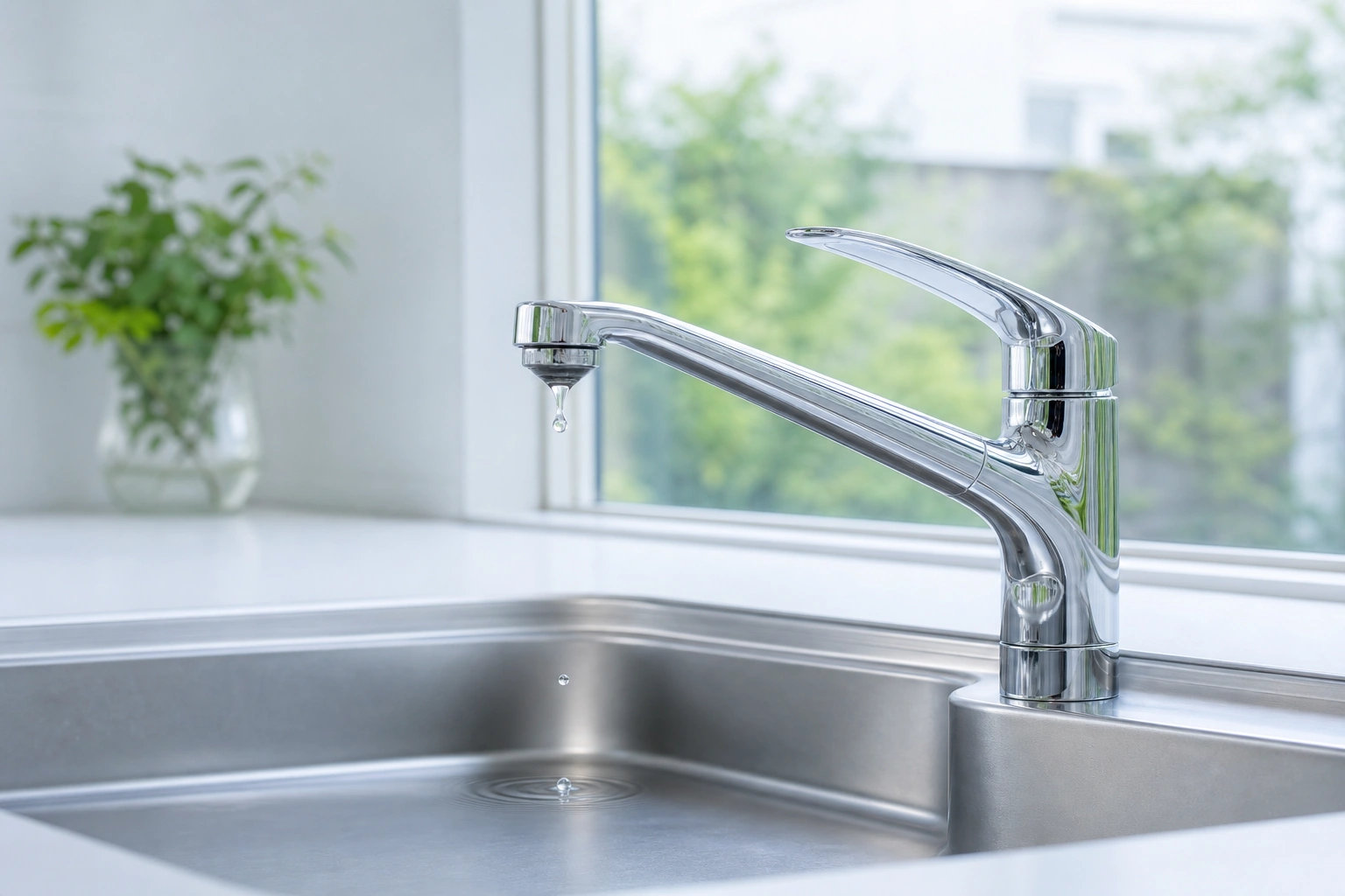 明るいキッチンで吐水口から水滴が落ちるシングルレバー混合栓