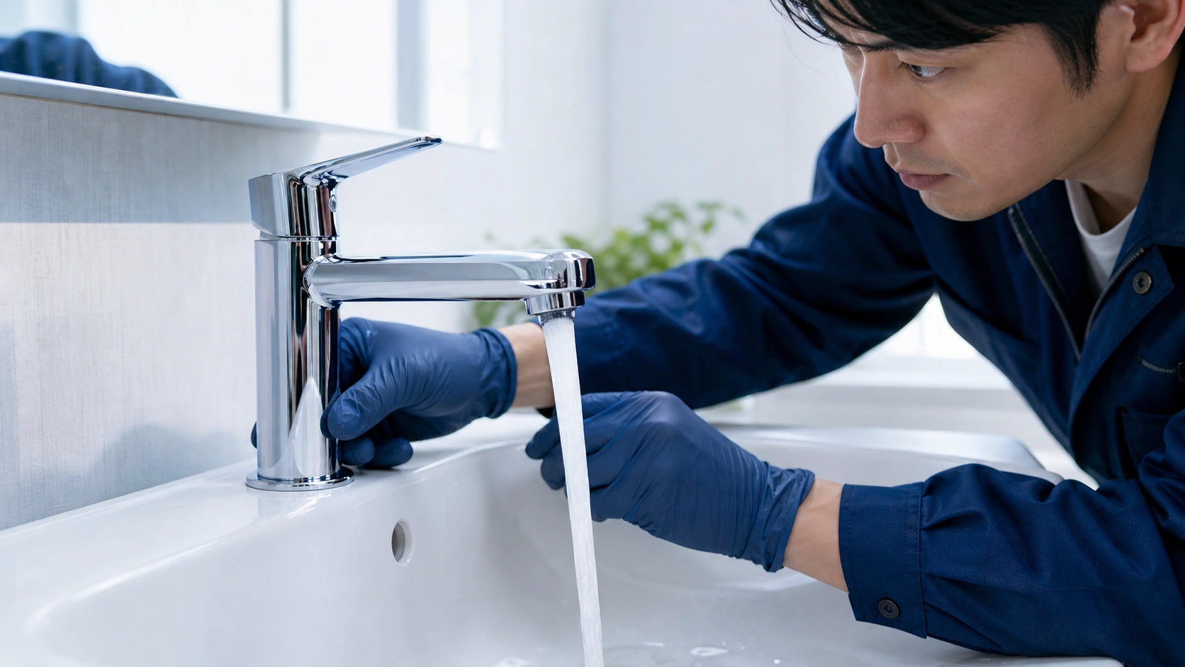 新しい水栓を通水して水漏れがないか確認している様子