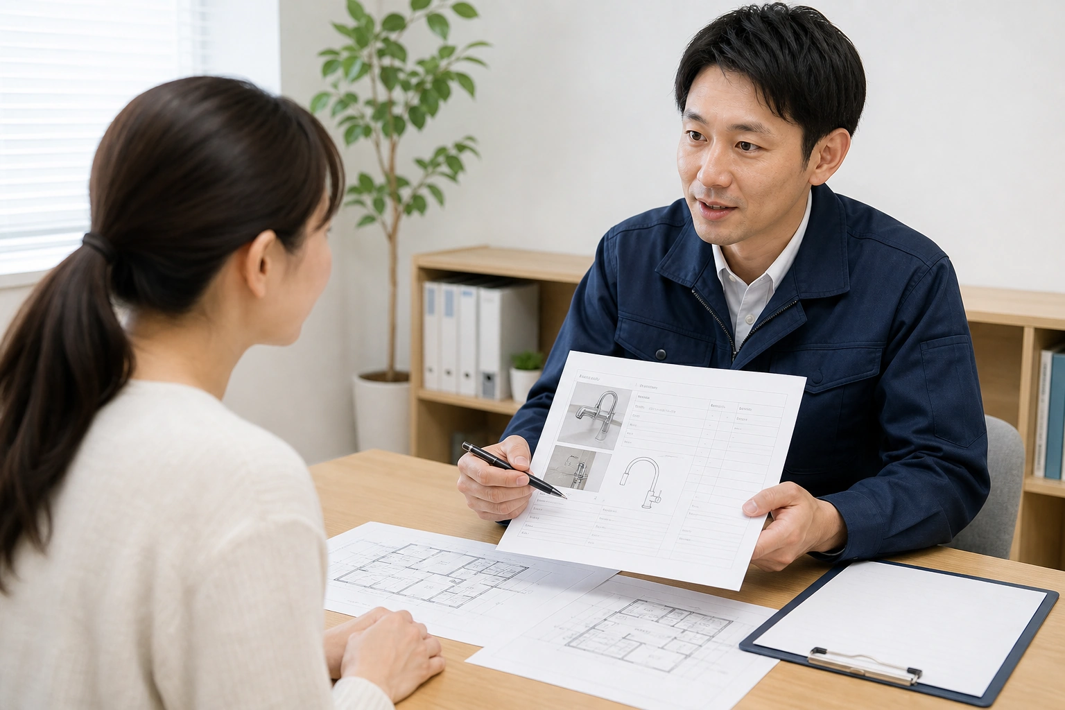 水栓の確認資料を見ながら依頼前の説明を行うスタッフ