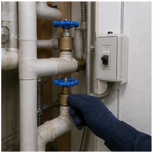 給湯器まわりの給水と電源を安全に確認する再現イメージ