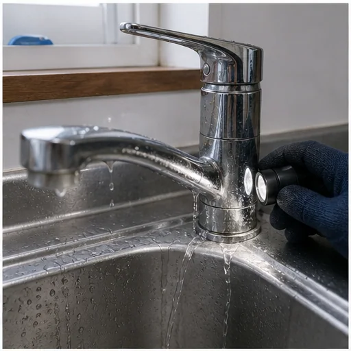 凍結破損したキッチン混合栓の漏水を技術者が確認する診断工程の再現イメージ