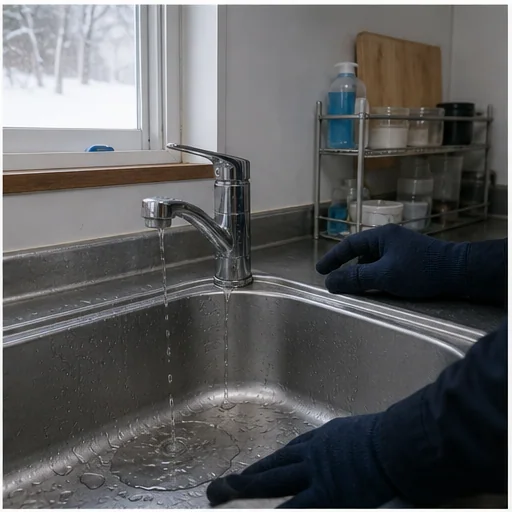 キッチン混合栓からの大量漏水を確認する再現イメージ
