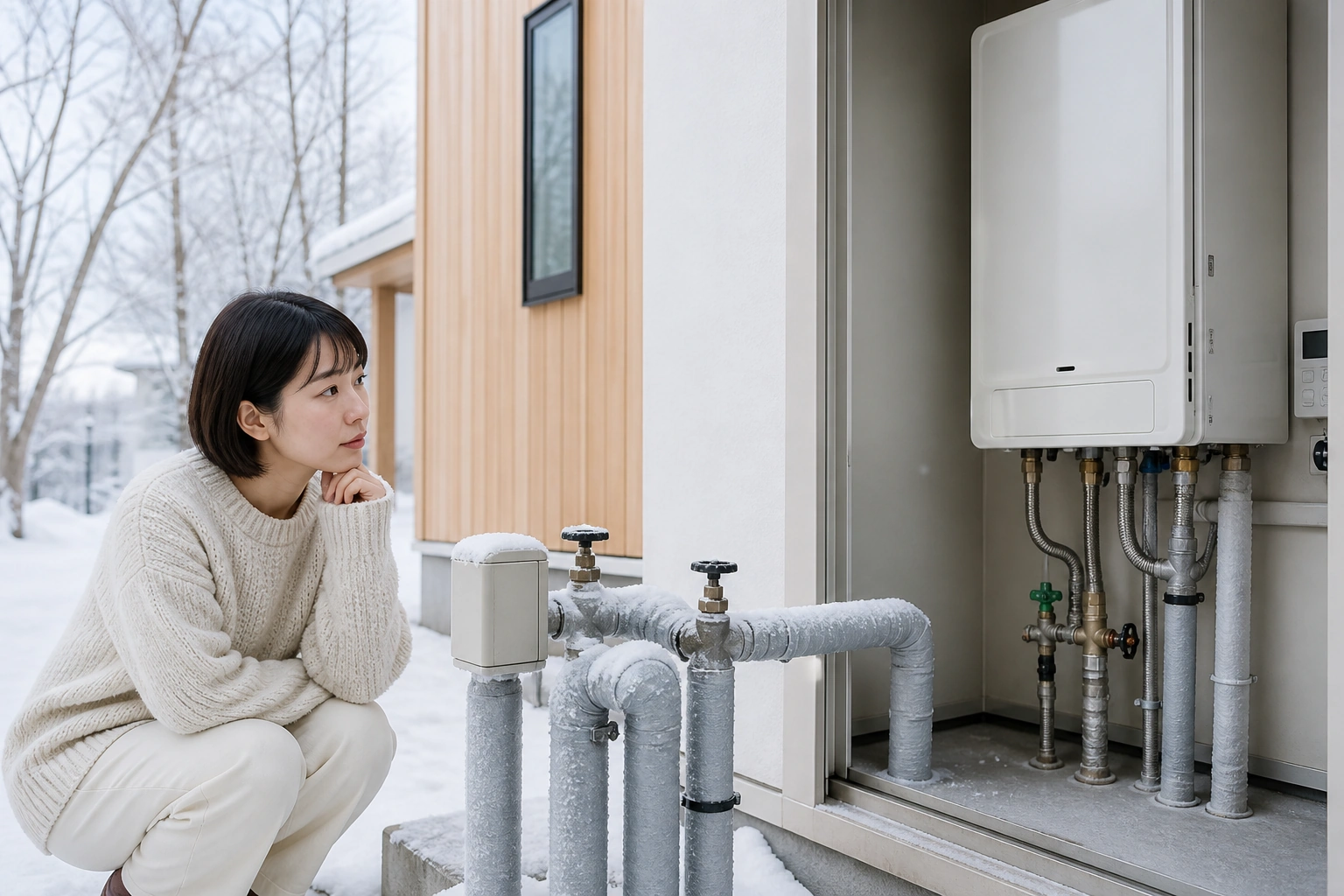 冬の屋外配管と室内の給湯設備を見ながら相談先を考える住まい手