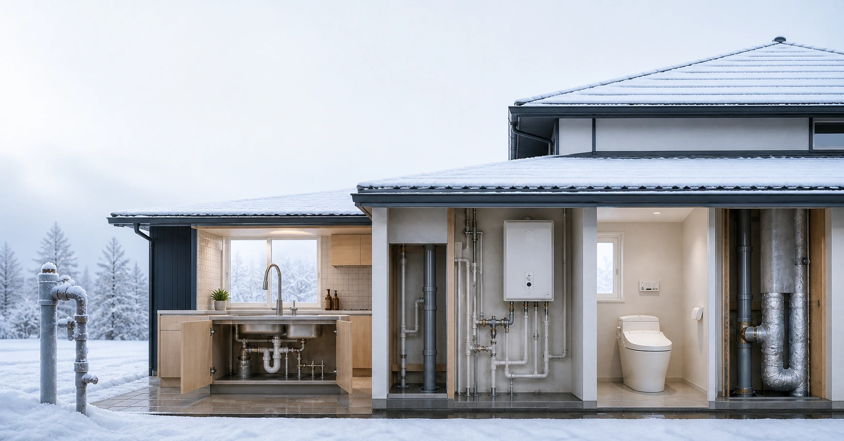 雪に覆われた住宅の屋外水道管、シンク下配管、給湯器、トイレ、保温配管を示す設備断面
