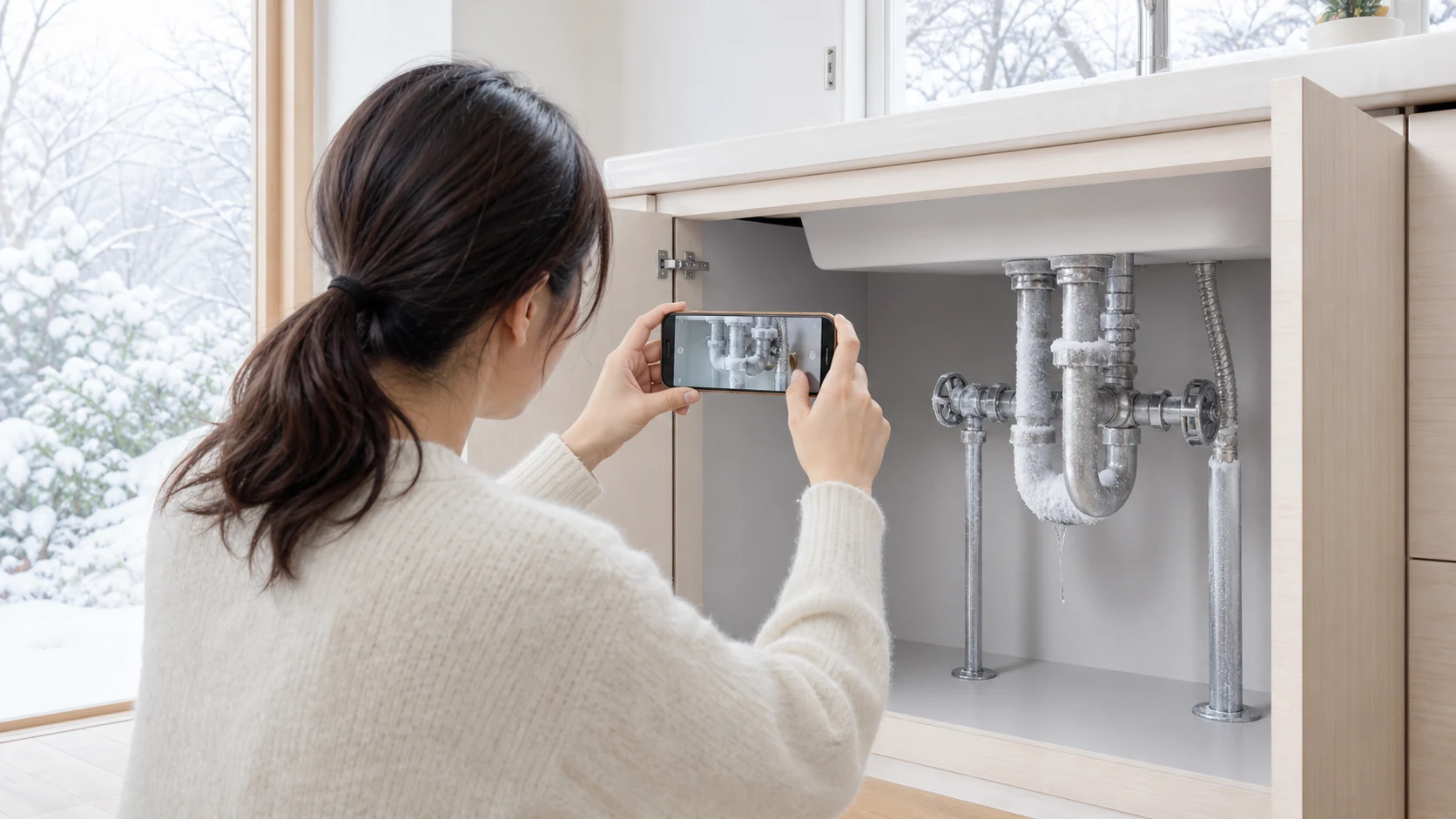 凍結した配管をスマートフォンで撮影している住まいの方