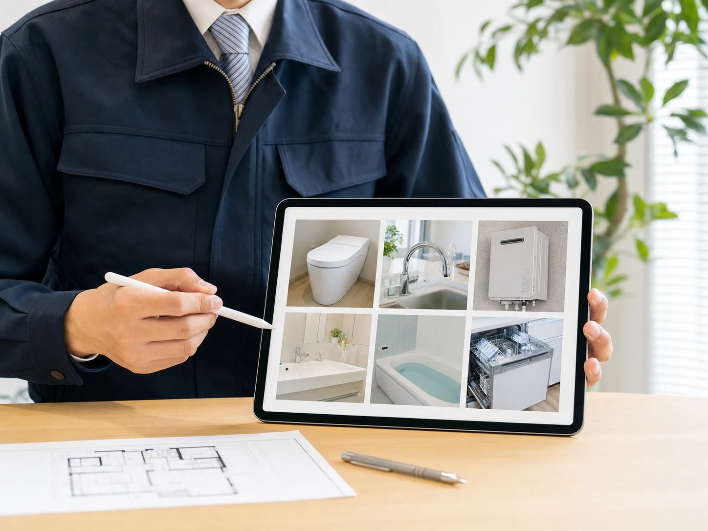 タブレットで水回り設備を確認しながら案内するスタッフ
