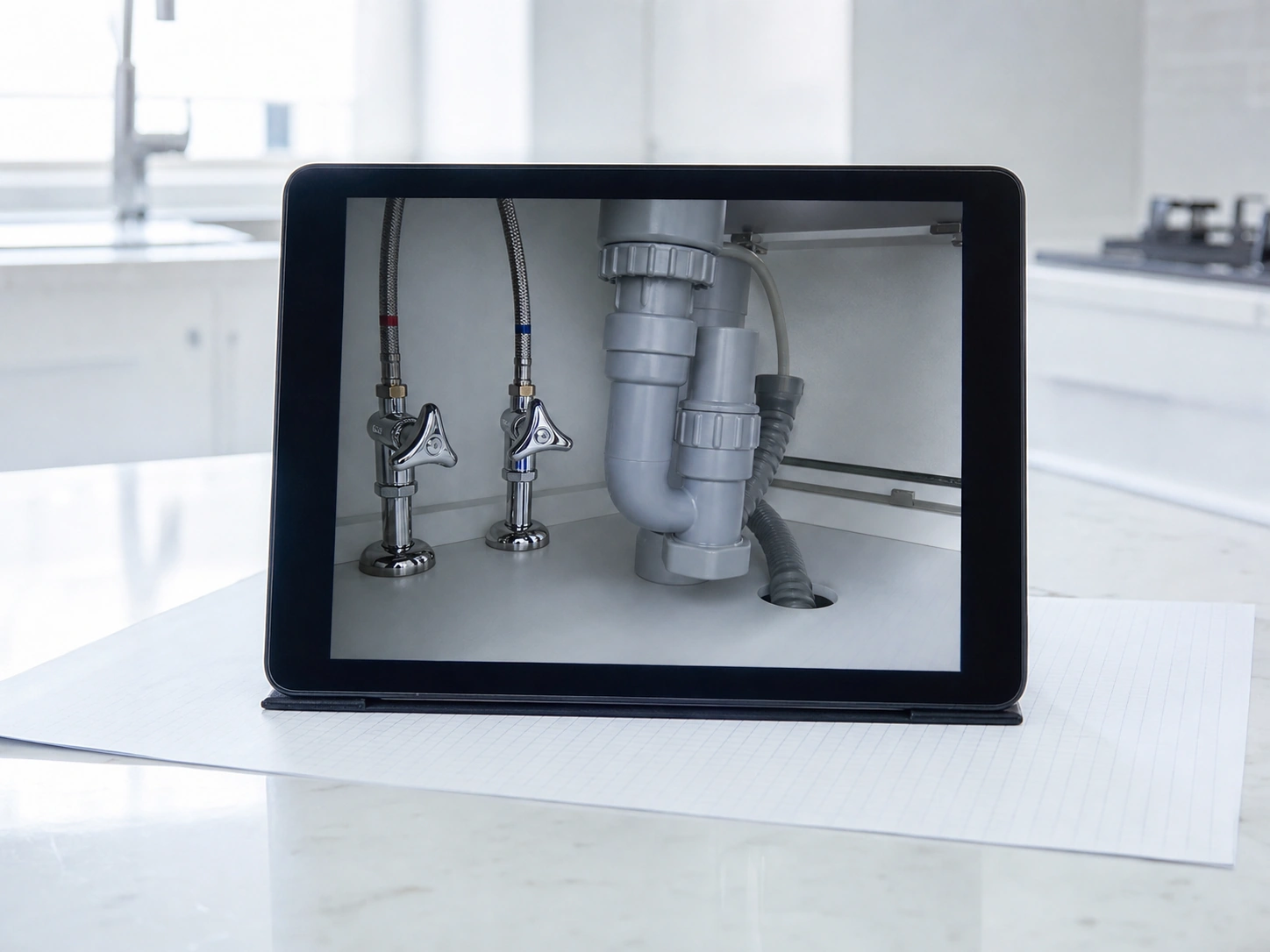 タブレットで確認するシンク下の給排水管