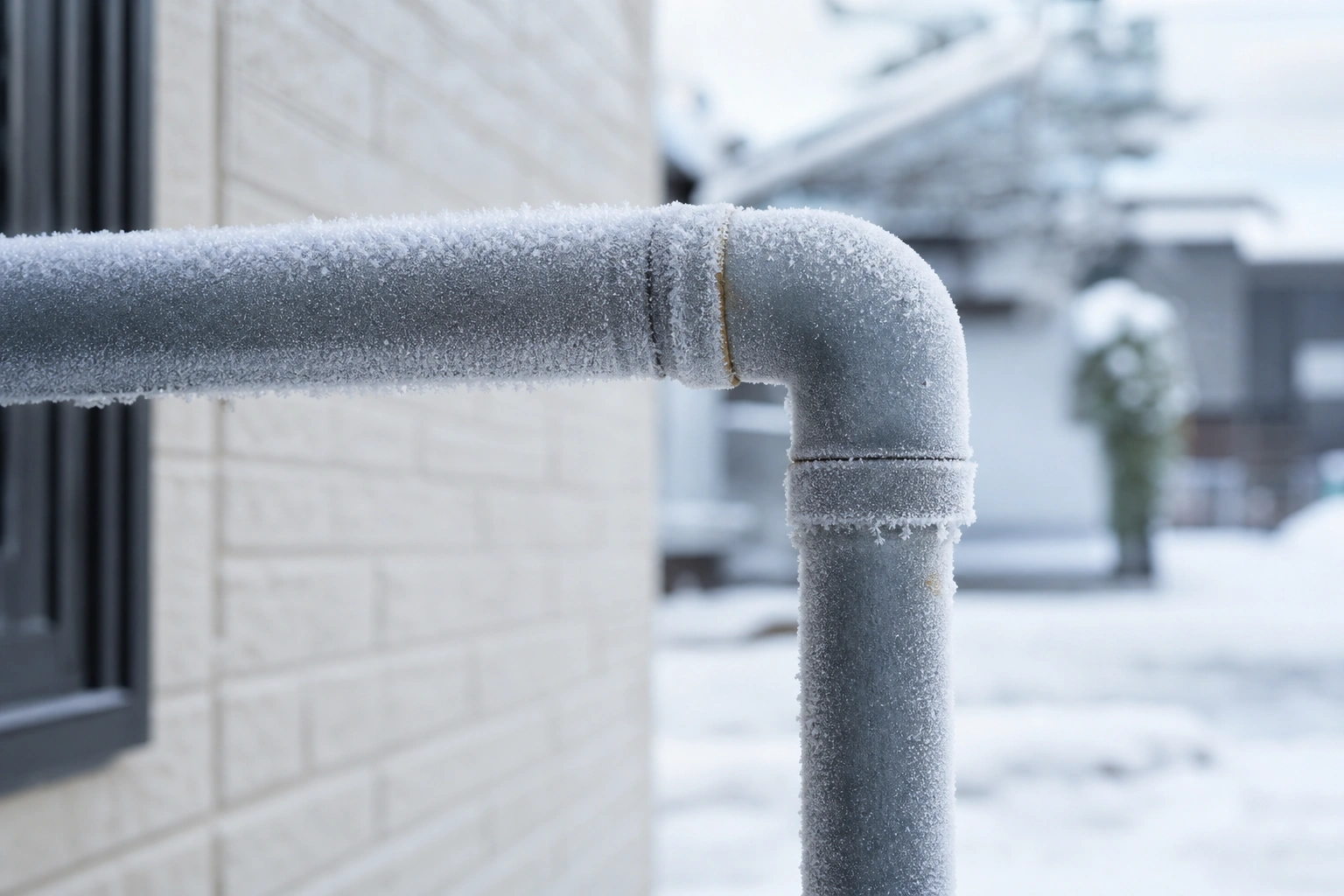 雪と霜に覆われた屋外水道管