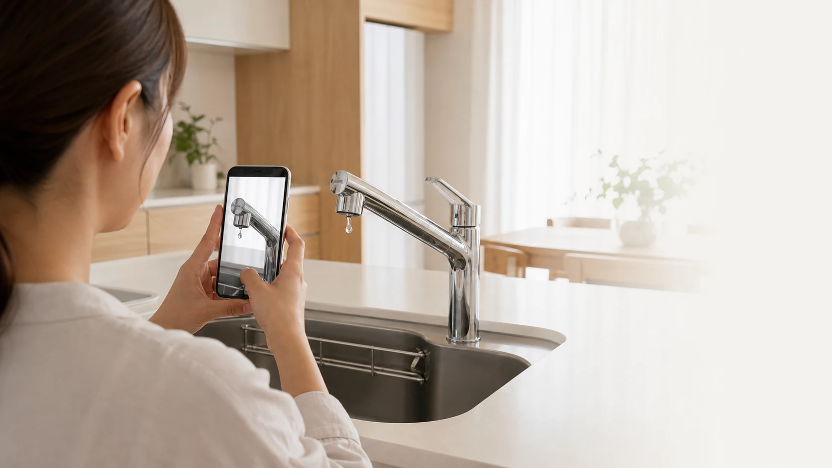 キッチン水栓の水漏れ箇所をスマートフォンで撮影する様子