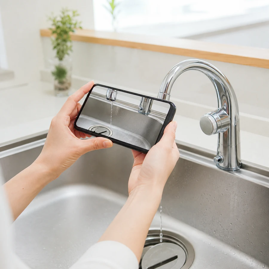スマートフォンで水漏れ箇所を撮影する様子