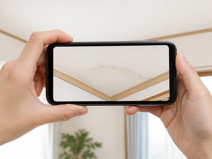 スマートフォンで天井のしみを撮影する様子