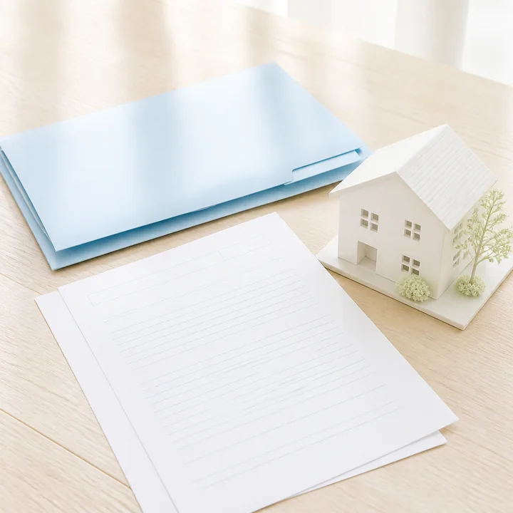 無記名の書類と住宅模型