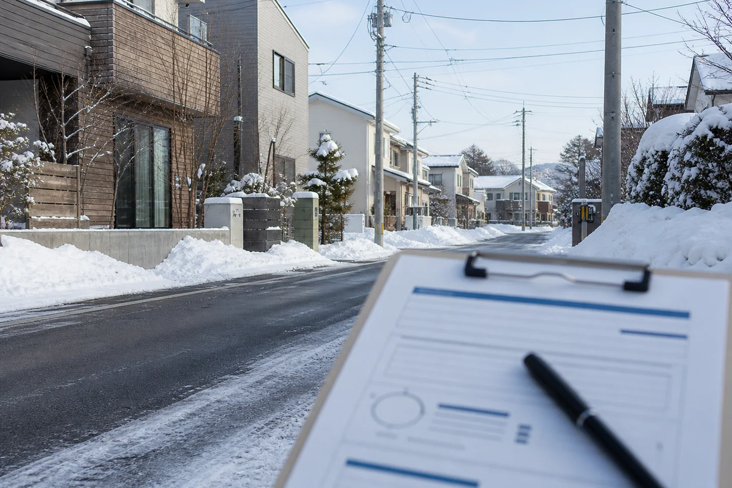 北海道の雪の住宅街と自治体への確認資料