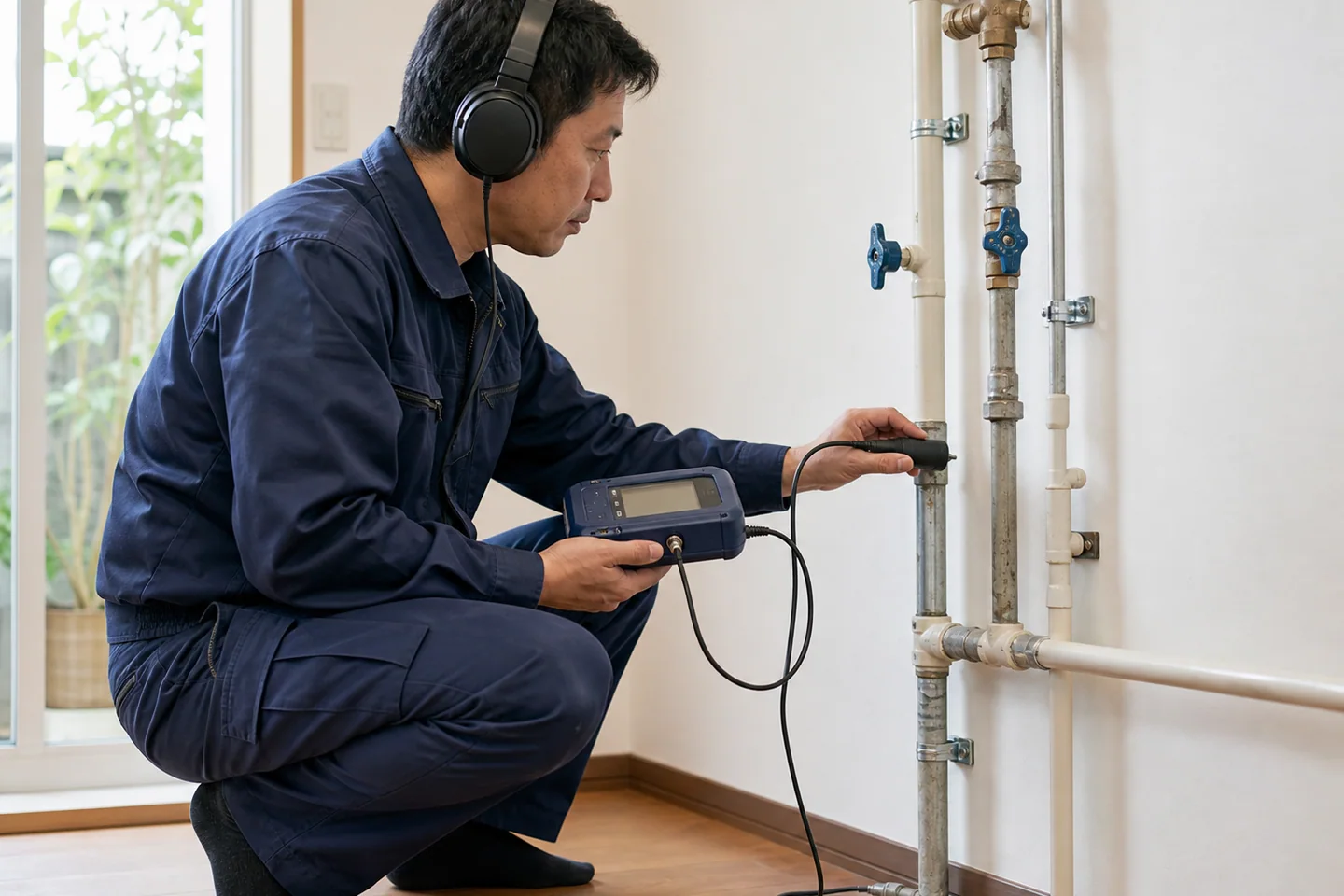 屋内配管へ聴音機器を当てて漏水調査を行う技術者