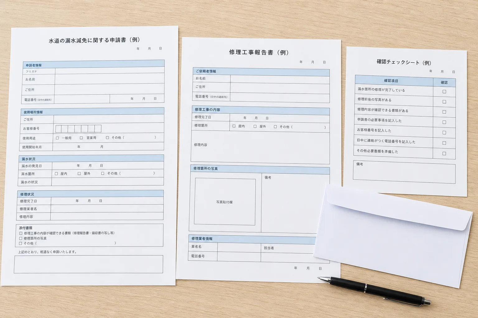 漏水減額の確認に備えて整理した申請書類と修理報告書