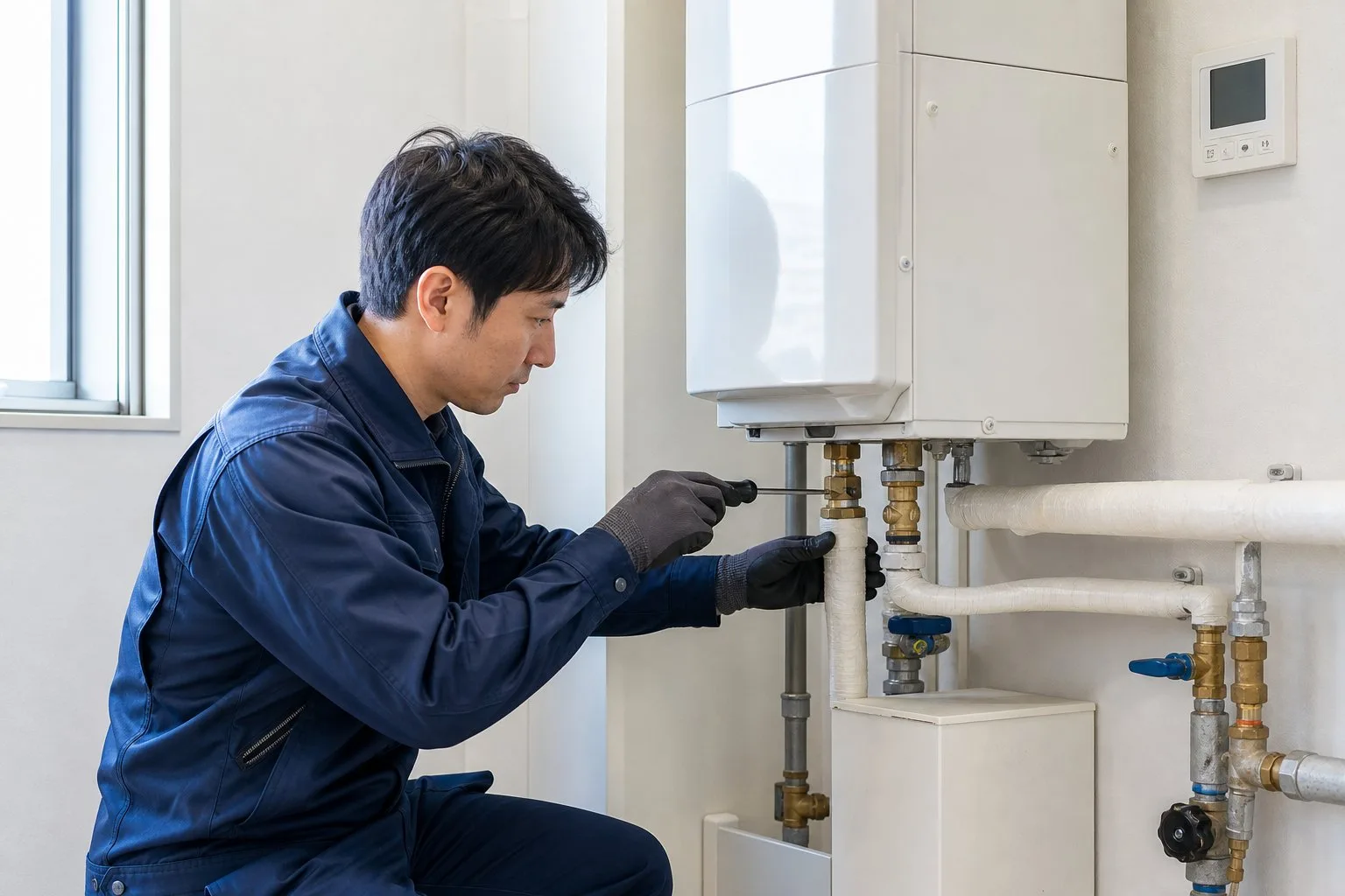 給湯器まわりの配管接続を確認する技術者
