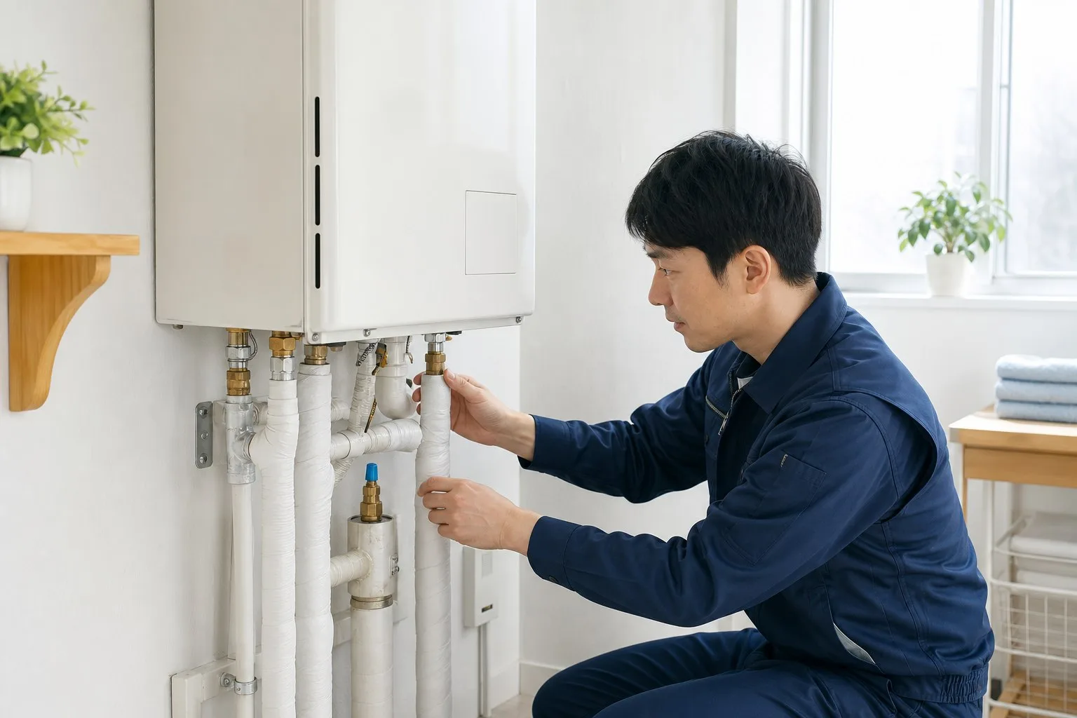 給湯器まわりの断熱配管を確認する技術者