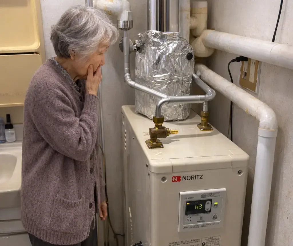 給湯器のエラーコードを見て困惑するお客様