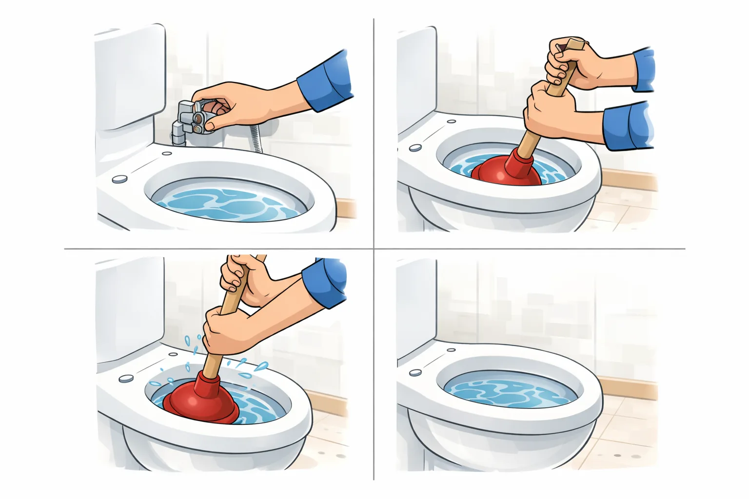 ラバーカップを使ったトイレつまり応急処置の手順イメージ