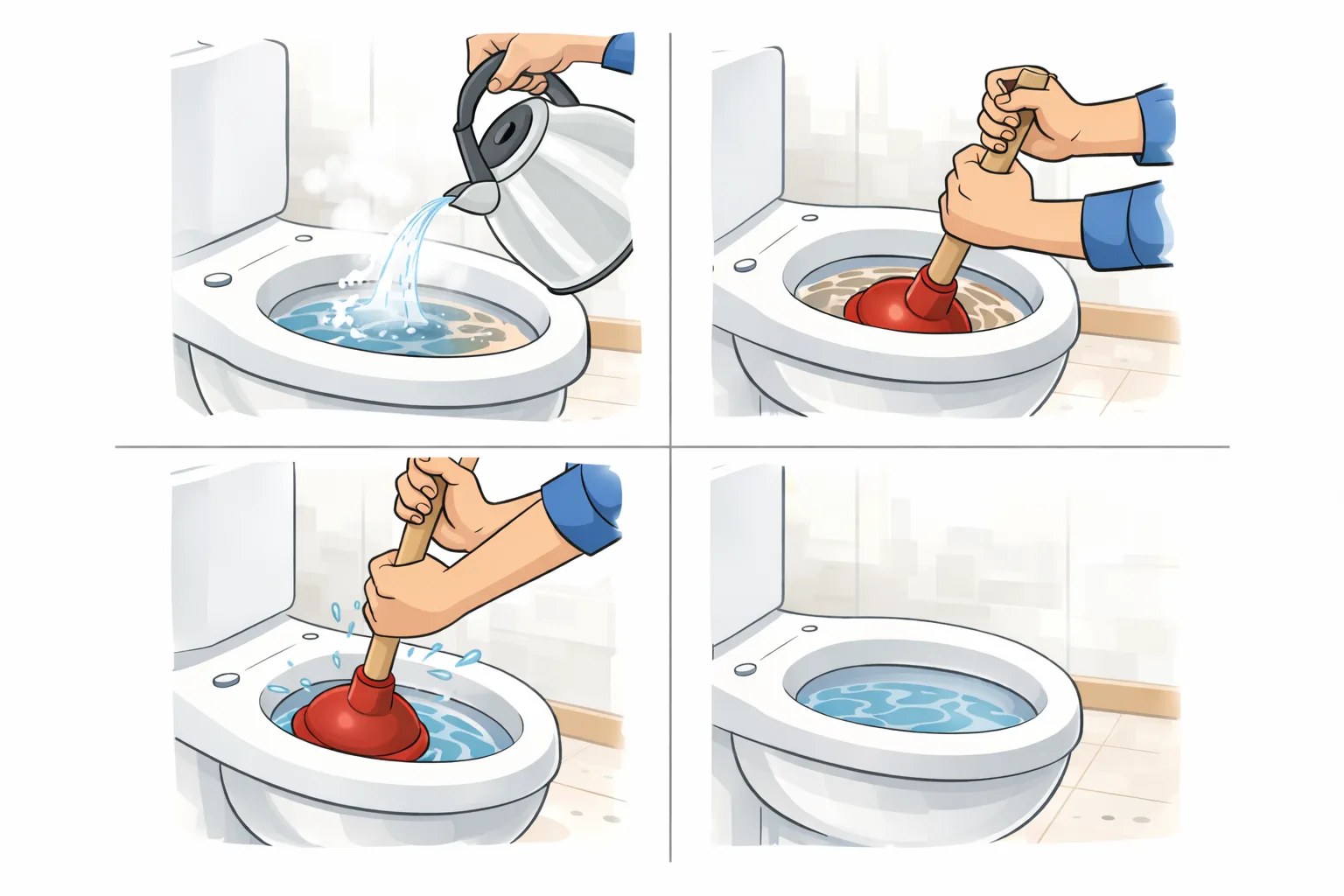 お湯とバケツを使ったトイレつまり応急処置の手順イメージ