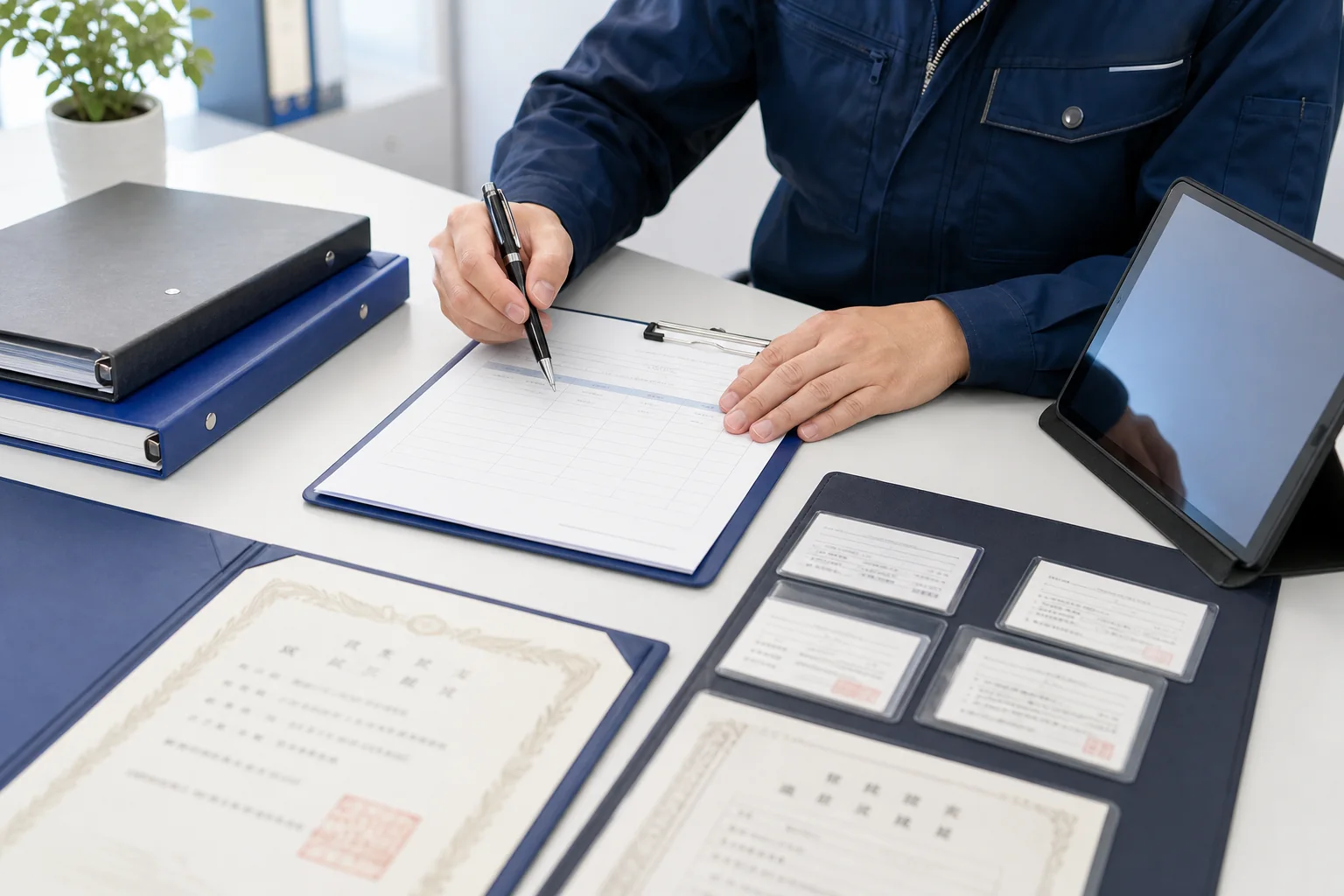 資格証や見積書を確認する設備工事技術者の手元