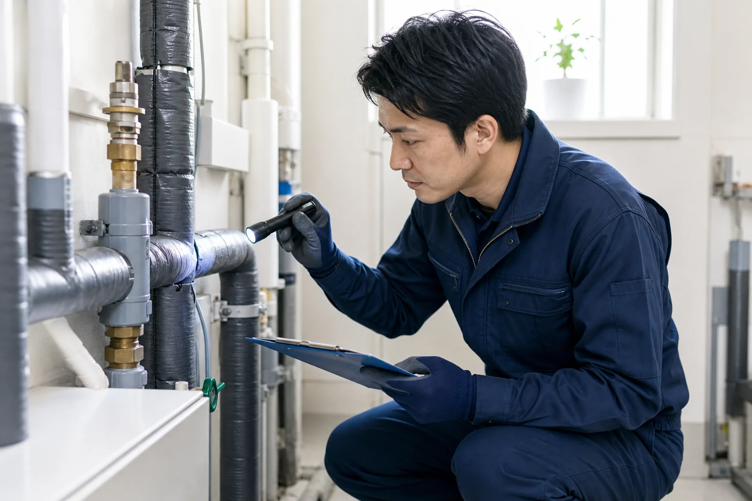 配管の保温材や接続部を確認する設備工事技術者