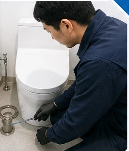 伊達市でトイレ交換前に床まわりと給排水を確認する様子
