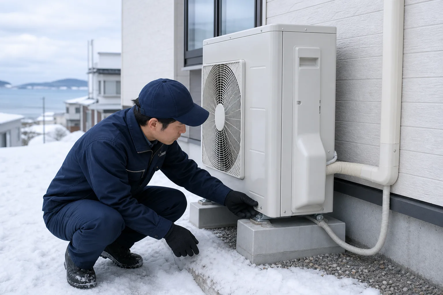 寒冷地の住宅外部で室外機まわりを確認する空調設備スタッフ