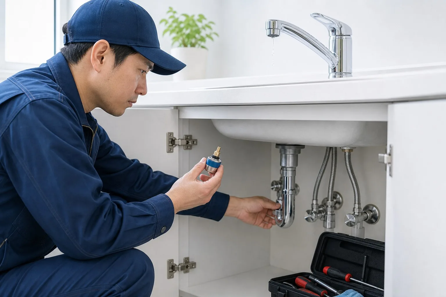 蛇口カートリッジと止水栓を確認する作業員